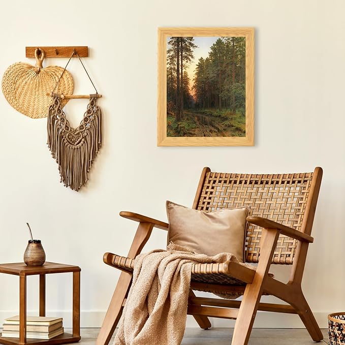 Brivoria Framed Canvas Wall Art Vintage Decor, Realistic Autumn Pine Forest Scene with Muddy Trail, Golden Sunset and Water Reflection for Bedroom Entryway Hallway or Rustic Nature Display, 13"x16"