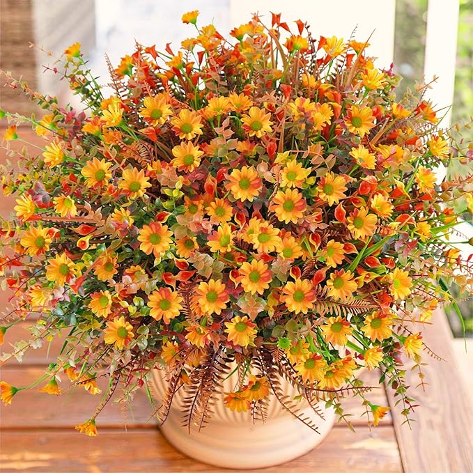 64 Pcs Artificial Fall Flowers - UV Resistant Fake Mums Outdoor Faux Plants for Home Garden Patio Porch Window Box Thanksgiving Decor