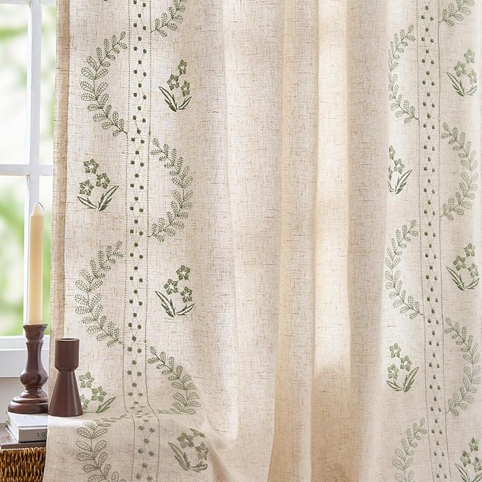 jinchan Belrose Lined Linen Blend Curtains Floral Curtains for Bedroom 96 Inch Length Sage Green Embroidered Drapes Rod Pocket Farmhouse Flower Drapes for Living Room Window Treatments Set 2 Panels