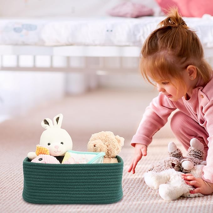 Small Woven Storage Baskets 13“X9”X5“ Decorative Rope Bins for Organizing Shelves, Closets, and Toys, Empty Gift Baskets, Cute Organizer Basket for Home and Office (dark green, Large)