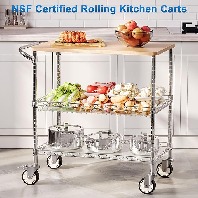 Leteuke Rolling Kitchen Carts with Wheels, 34" L x 17.5" W, 3-Tier Heavy Duty Utility Cart with Wood Tabletop, NSF Commercial Metal Serving Cart with Handle and Shelf Liner for Kitchen, Chrome