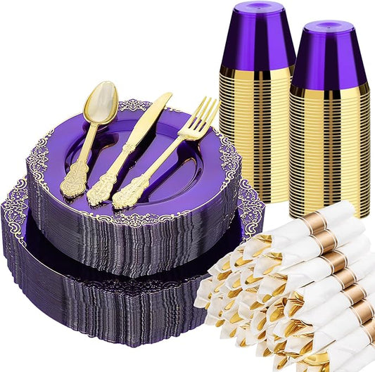 350 PCS Purple and Gold Plastic Plates, Disposable Dinnerware Set for 50 Guests, 100 Disposable Plates, 150 Silverwares, 50 Cups, 50 Napkins for Party, Wedding, Graduation