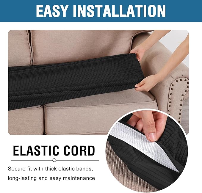 H.VERSAILTEX Super Stretch Individual Seat Cushion Covers Sofa Covers Couch Cushion Covers Slipcover Sets Thick Jacquard Textured Twill Fabric (1 Piece Chair Cushion Cover, Black)