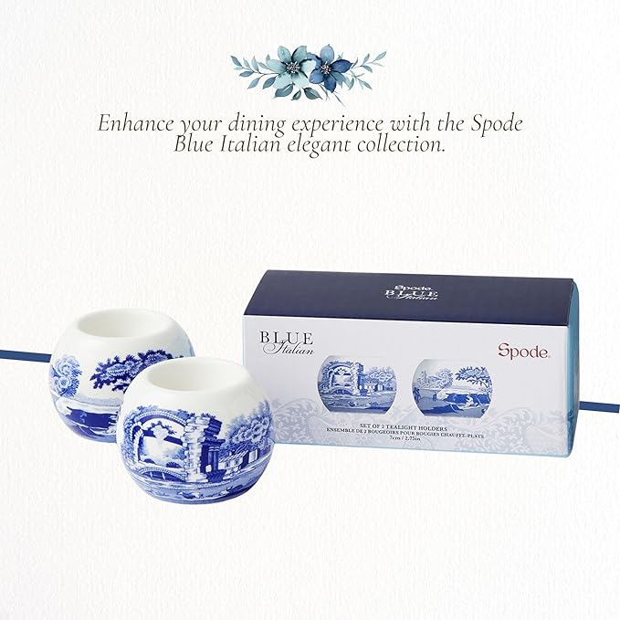 Spode Blue Italian Tealight Holders | Set of 2 Round Tealight Holders | Made of Fine Porcelain | 4 Inch Candle Holders for Home Décor and Housewarming Gift | Dishwasher Safe