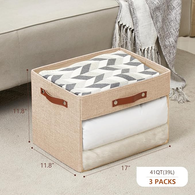 Extra Large Storage Baskets with Clear Window, See Through Closet Organizer with PU Handles, Linen Foldable Storage Bins for Organizing Clothes, Toys, Books (Khaki)