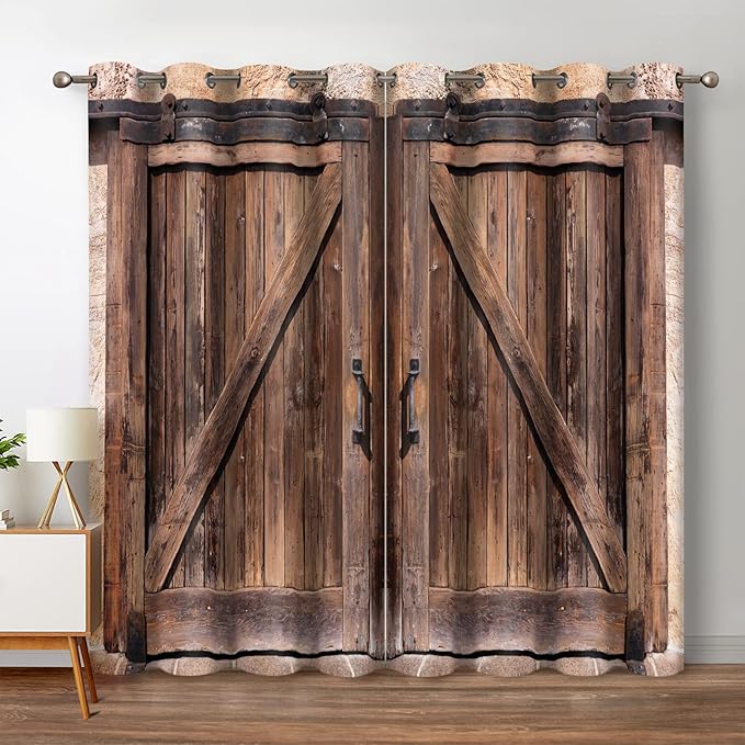 Jekeno Rustic Wood Blackout Curtains Vintage Wooden Barn Door Farmhouse Home Bedroom Living Room Decor Brown Grommet Window Drapes 2 Panel Set, 42"x54"