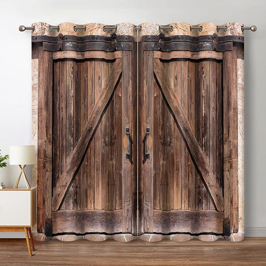 Jekeno Rustic Wood Blackout Curtains Vintage Wooden Barn Door Farmhouse Home Bedroom Living Room Decor Brown Grommet Window Drapes 2 Panel Set, 42"x63"