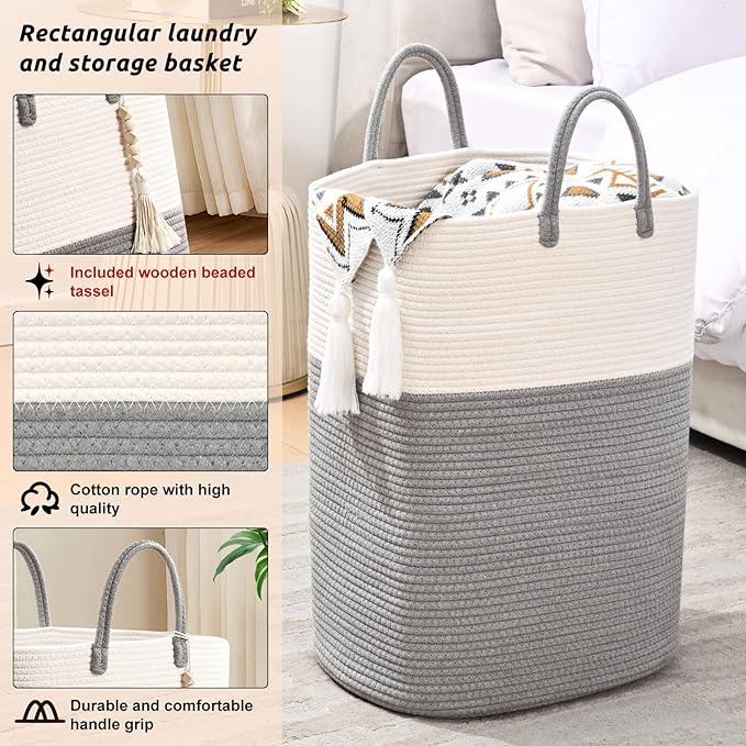 Woven Laundry Basket for Clothes, 65L Large Rectangle Laundry Hampers with Beads Tassel, Nursery Storage Basket for Toys, Tall Dirty Clothes Hamper for Bedroom Aesthetic, Laundry Room Organization