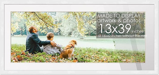 13x39 Frame White Wood with White Mat | 16x42 Frame Matted to 13x39 | Display Your Poster Under UV Acrylic Shatter Guard Front, with Foam Board Backing and Wall Hanging Hardware - Gallery Frame