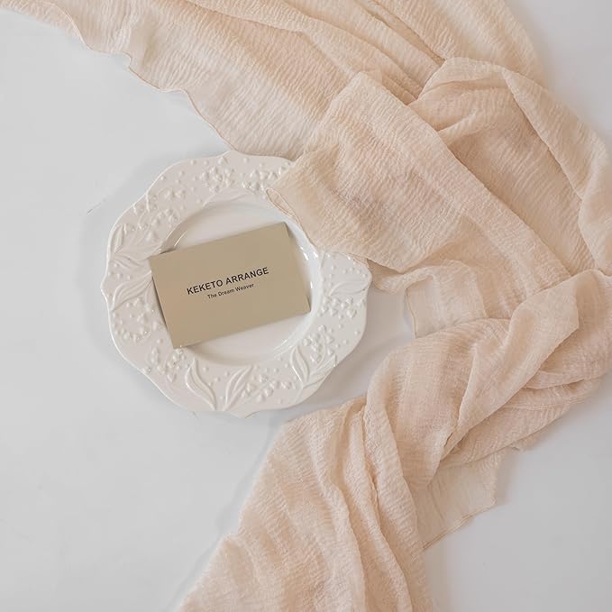 3Pcs Beige Gauze Rustic Cheesecloth Table Runner 120 Inch 10 FT for Wedding Baby Shower Bridal Shower Birthday Engagement Garden Outdoor Party Long Sheer Boho Decorations