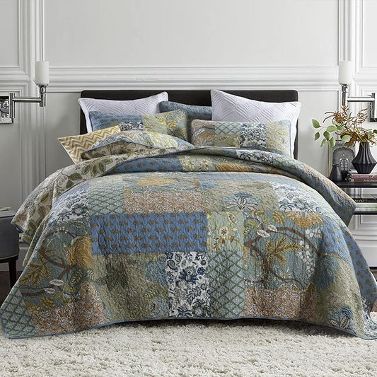 Secgo Twin Size Quilt Size - 100% Cotton Comforter Set Bedding Sets (68 * 86 Inch) with 2 Pillow Shams, Patchwork Reversible Lightweight Bedspread