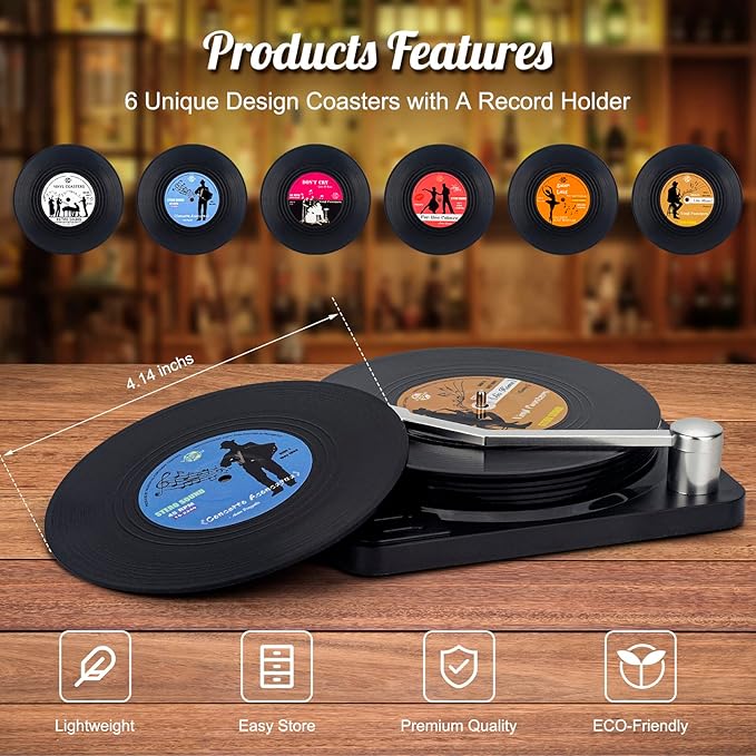 Valdivia Funny Retro Vinyl Record Coasters with Player, 6 Pcs Music Coasters for Drinks, Bars, Party, Birthday Gifts for Music Lovers, Home Decor Housewarming and White Elephant Gifts Ideas