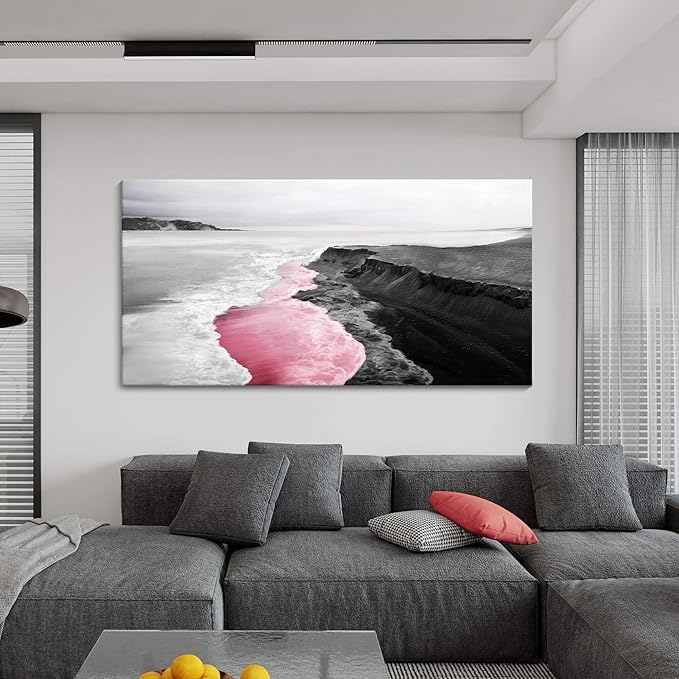 YCPRIMER Pink Canvas Wall Beach Black and White Picture for Living Room Largre Artwork for Wall Coastal Ocean Seascape Painting bedroom Wall Decor Above Bed 29×58IN