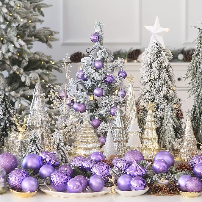 Sea Team 41-Pack Christmas Ball Ornaments with Strings, 60mm/2.36-Inch Medium Size Baubles, Shatterproof Plastic Christmas Bulbs, Hanging Decorations for Xmas Tree, Holiday, Wedding, Party, Lavender