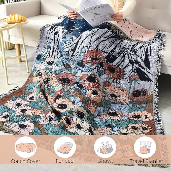 Boho Throw Blanket Reversible Cotton Bohemian Tapestry Hippie Room Decor Double Sided (Boho Flower Dark 50"x60")