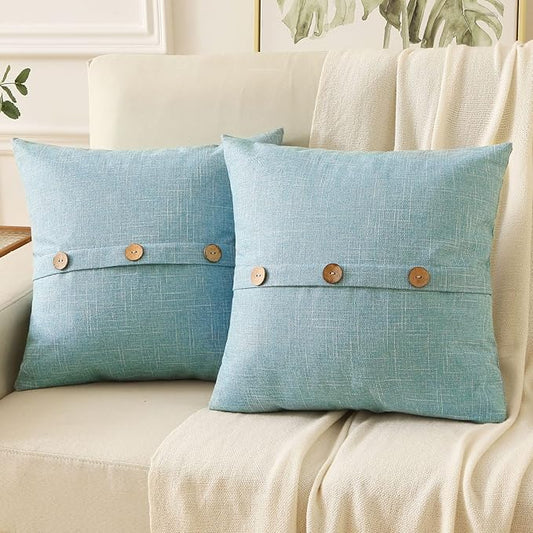 HAUSSY Light Blue Linen Decorative Throw Pillow Covers 16x16 Inch Set of 2,Square Cushion Case with 3 Vintage Buttons,Modern Farmhouse Home Decor for Couch,Bed