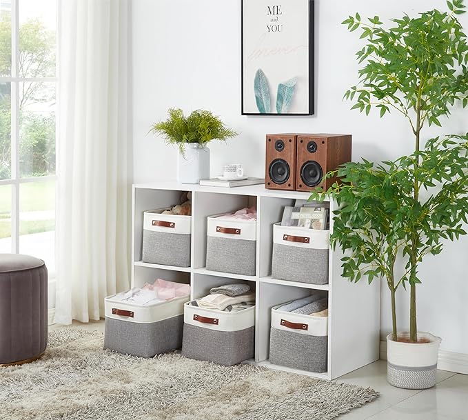 DECOMOMO Storage Baskets for Shelves - Fabric Closet Organizers and Storage Bins, Perfect Baskets for Organizing Closet Toys Nursery (Grey and White, Large - 4 Pack)