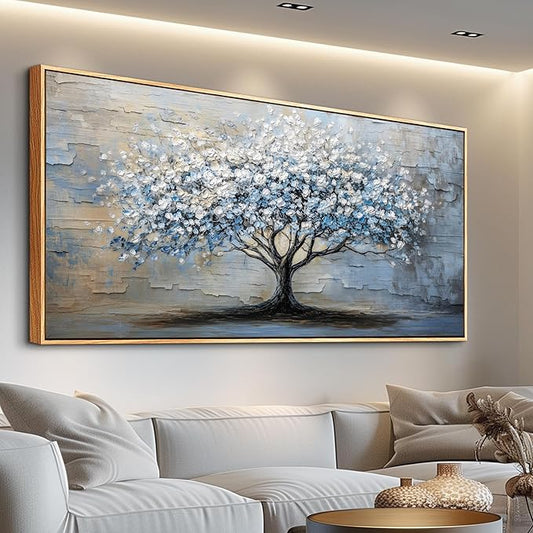 ERQINHUA Wood Framed Abstract Wall Art Office Large Wall Decor Art For Living Room Wall Pictures Blue Grey TreePainting Framed Canvas Artwork Bedroom Dining room Home Decoration Aesthetics 24"X48"