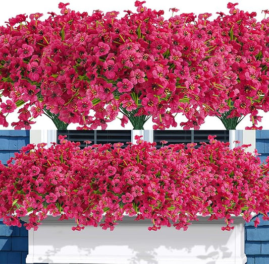 Uieke 72 Bundles Artificial Fake Flowers Outdoor UV Resistant Faux Plants Plastic Cemetery Flowers No Fade Outside Home Garden Porch Window Box Summer Décor -Rose Red