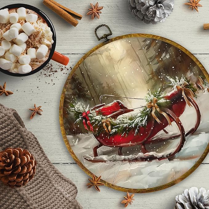 CUANFDDSF Vintage Christmas Sleigh Round Wall Art Decor, Rustic Farmhouse Winter Xmas Sleigh Holiday Wall Hanging Frame Decor, Cozy Christmas Canvas Prints Decorations for Home Bedroom, 10x10 Inch