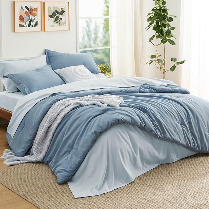 Bedsure Full Size Comforter Set - 7 Pieces Grayish Blue Full Bedding Set for All Seasons, Boho Contrasting Design Bed in a Bag with Comforter, Sheets, Pillowcases & Shams