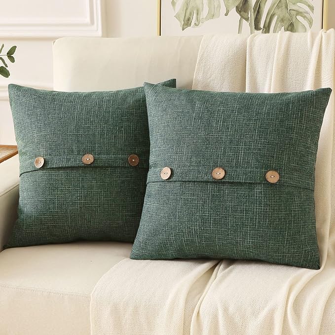 HAUSSY Emerald Green Linen Decorative Throw Pillow Covers 24x24 Inch Set of 2, Square Euro Cushion Case with 3 Vintage Buttons,Modern Farmhouse Home Decor for Couch,Bed