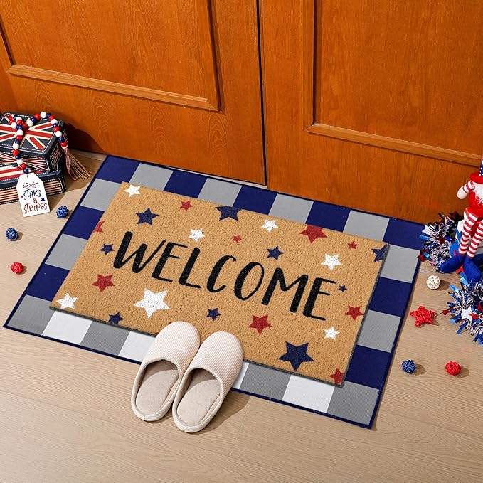 2 Pcs 4th of July Door Mat Patriotic Welcome Non Slip Coir Mats Red Blue White Independence Day Star Buffalo Floor Layering Doormats Seasonal for Front Porch Entryway Decor(Independence Day)