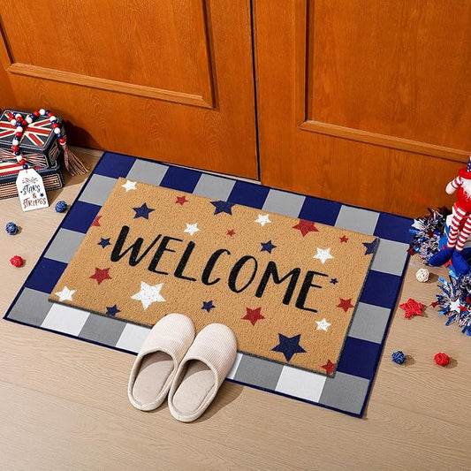 2 Pcs 4th of July Door Mat Patriotic Welcome Non Slip Coir Mats Red Blue White Independence Day Star Buffalo Floor Layering Doormats Seasonal for Front Porch Entryway Decor(Independence Day)