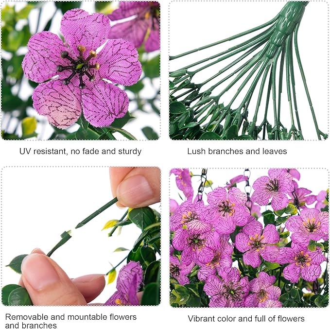 Artificial Flowers for Outdoors Garland Decoration, 2Pcs Purple Fake Hanging Flowers, UV & Fading Resistant, Faux Decor for Home Porch Patio Balcony Planter Yard