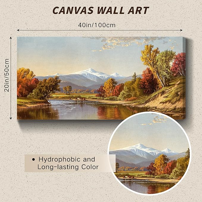 crmotu Fall Large Wall Art, Autumn Landscape Canvas Painting, Countryside Mountain River Art Prints, Natural Scenery Vintage Wall Decor Living Room Bathroom Bedroom Aesthetic Decor Pictures 20"X40"