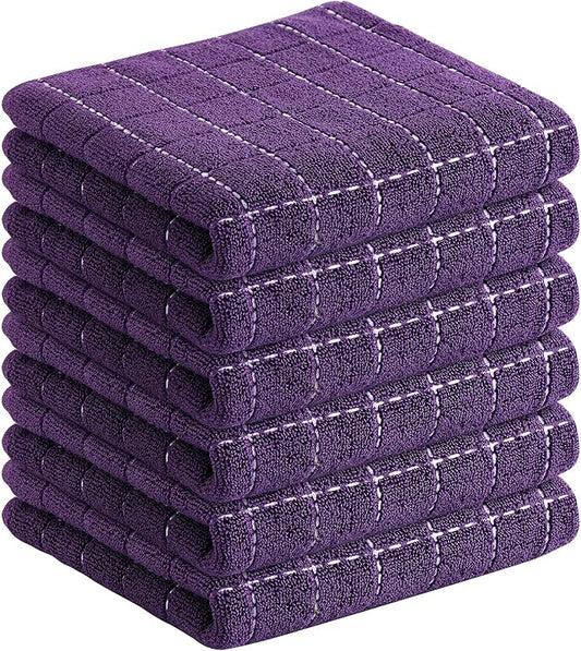 Homaxy 100% Cotton Terry Kitchen Towels(Purple, 13 x 28 inches), Checkered Designed, Soft and Super Absorbent Dish Towels, 6 Pack