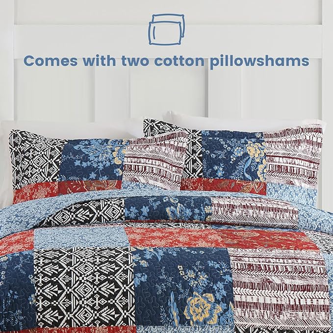 Secgo King Comforter Set for Bed - 100% Cotton Quilts Queen Size, Black Bedspreads (98 * 106 Inch) with 2 Pillow Shams, Patchwork Reversible Lightweight Bedding