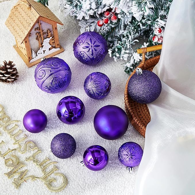 Wironlst Christmas Ball Ornaments - 30pcs Shatterproof Plastic Christmas Ornaments Hanging Ball Decorations for Xmas Tree, Holiday, Wedding, Party (Multi-Size, Purple)