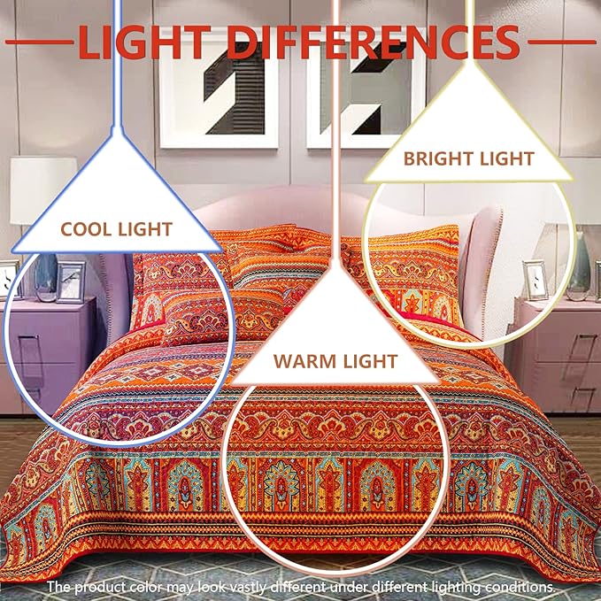 VAPUTAR Cotton Quilt King Size Bedding Set - 3 Pieces King Quilt Bedding Set, Boho King Size Quilts, Lightweight Reversible Coverlets Bedspreads for Farmhouse Bedroom (Red/Orange)