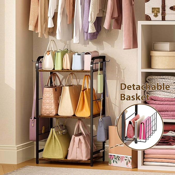 Iron & Wood Floor-Standing 3-Tier Purse Rack with Adjustable Feet, High-Capacity Bag Organizer for Closet, Patent Pending