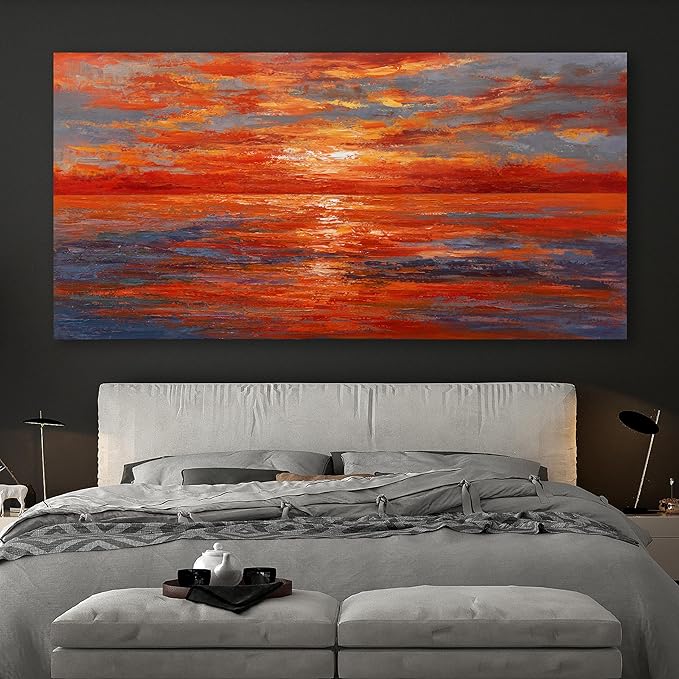 Red Sunset Ocean Abstract Wall Art Canvas Print Wall Decor Landscape Painting Framed Beach Artwork for Living Room Bedroom Office Farmhouse Bar Home Decor 24"x48"