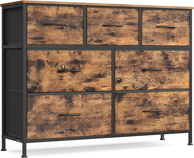 SONGMICS Dresser for Bedroom, Chest of Drawers, Steel, MDF, 7 Non-Woven Fabric Drawers, Storage Organizer Unit, Closet, Entryway, Rustic Brown and Ink Black ULGS323BH04