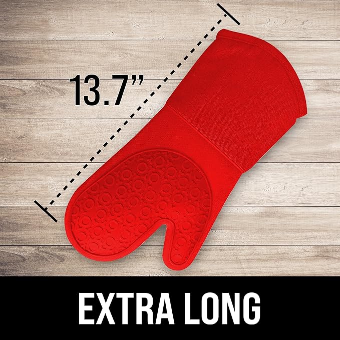 BPA-Free Silicone Oven Mitts Ultra Heat Resistant up to 500°F - Oven Mitts with Thick Cotton Liner - Long Slip Resistant Pot Holders, Flexible Oven Gloves - Canyon Red 13.7