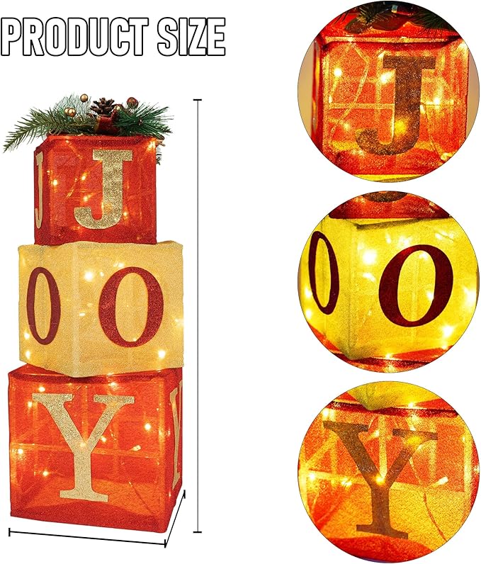 Hourleey Set of 3 Christmas Lighted Gift Boxes, Pre-lit 60 LED Light Up Joy Present Boxes Ornament Decorations for Indoor Outdoor Xmas Tree Home Yard Lawn Decor