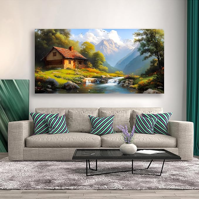 Country House Wall Art Bedroom Landscape Wall Decor Living Room,Oil Painting Green Forest Canvas Wall Art Office Farmhouse Artwork Modern Flowing Water SceneryWall Art Prints Pictures 20 * 40inch