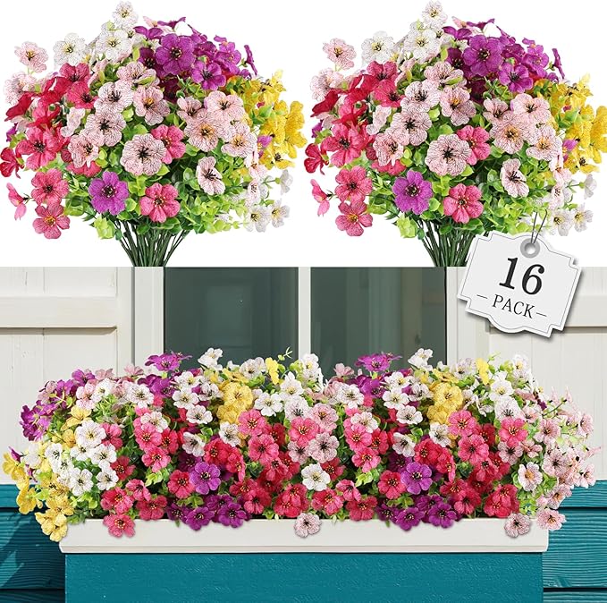 AGIRL 16 Bundles Artificial Flowers for Outdoor,No Fade Fake Plastic Flowers Faux Plants for Hanging Planters Decoration Indoor Outside Garden Porch Window Box Home Wedding