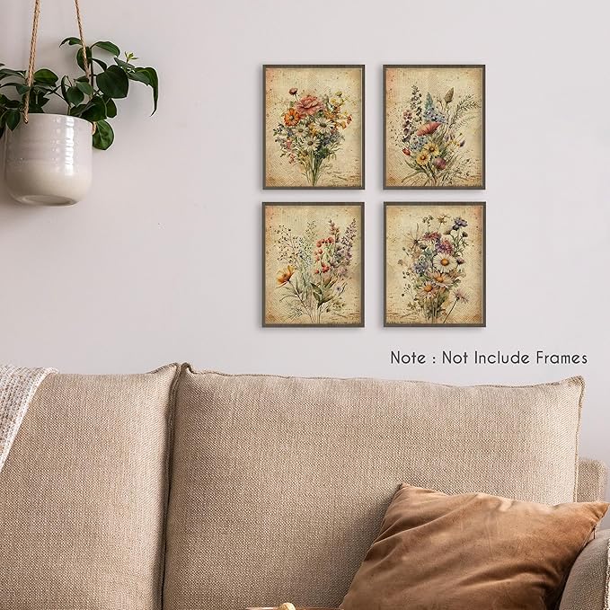HRQKO Vintage Floral Wall Art - Retro Botanical Wildflower Artwork Printing Posters Set of 4, Unframed 8'x10' for Living Room and Bedroom