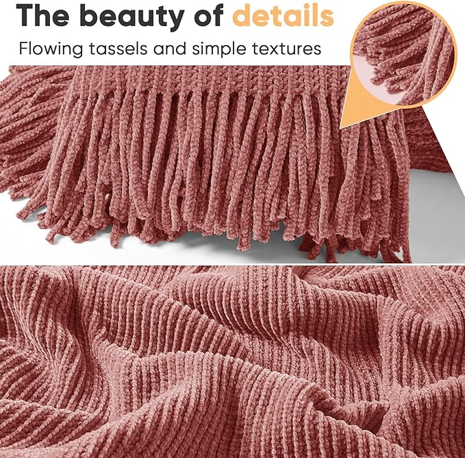 inhand Knitted Coral Pink Throw Blanket for Couch Bed,Chunky Chenille Woven Soft Warm Christmas Blankets Gifts for Women with Tassels, Cozy Boho Farmhouse Fall Winter Decor,50"x60",Extra Thick