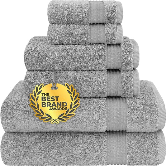Cotton Paradise 6 Piece Towel Set 100% Cotton Soft Absorbent Turkish Towels for Bathroom 2 Bath Towels 2 Hand Towels 2 Washcloths Light Gray Towel Set