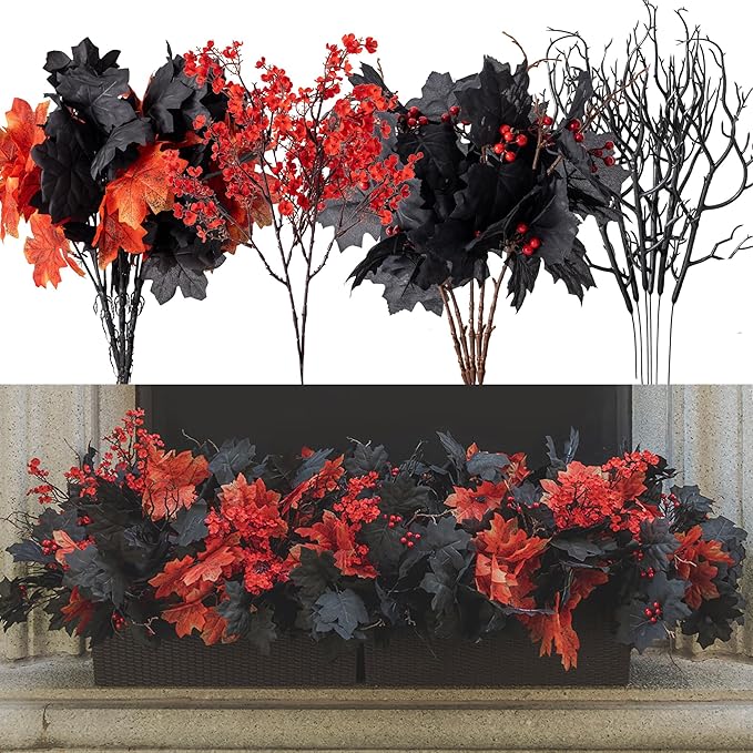 16pcs Fake Plants Outdoor, Halloween Maple Leaves Branch, Autumn Artificial Plants with Black Maple Leaves, Faux Leaves Spray for Halloween Thanksgiving Home Deocr
