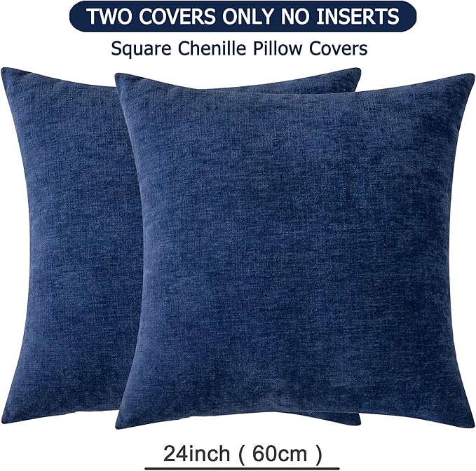 GAWAMAY Decorative Chenille Throw Pillow Covers 24x24 Inch Pack of 2, Soft Square Couch Pillow Cover for Sofa Cushion Living Room Bedroom Solid Dyed Pillowcases Navy Blue 60x60cm (ONLY Covers)