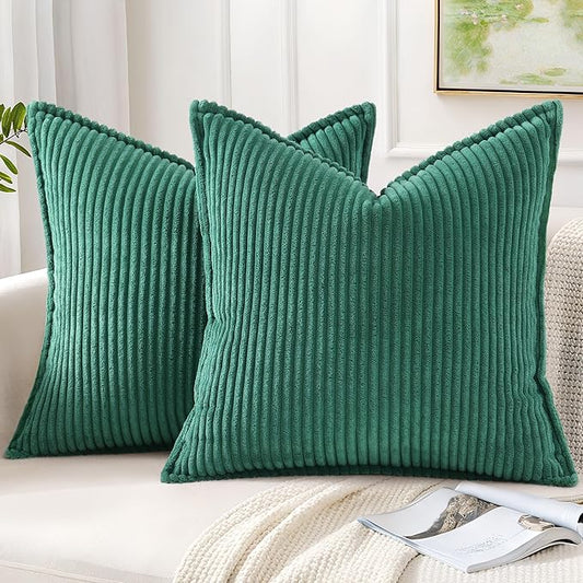Mecatny Corduroy Throw Pillow Covers 20x20 Set of 2, Neutral Decorative Soft Boho Couch Pillow Covers with Broadside for Sofa Living Room, Green