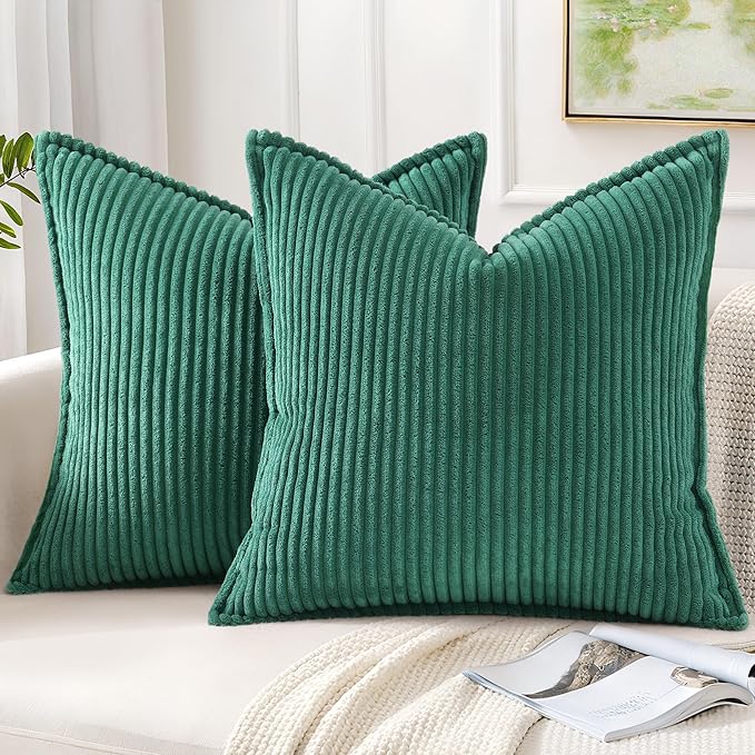 Mecatny Corduroy Throw Pillow Covers 18x18 Set of 2, Neutral Decorative Soft Boho Couch Pillow Covers with Broadside for Sofa Living Room, Green