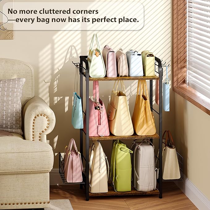 Iron & Wood Floor-Standing 3-Tier Purse Rack with Adjustable Feet, High-Capacity Bag Organizer for Closet, Patent Pending