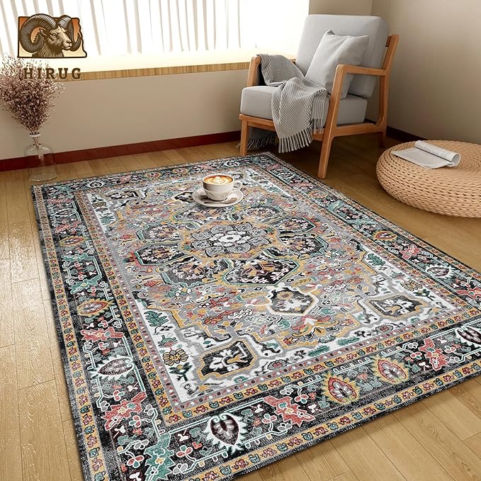 Washable Area Rug 9' x 12' Vintage Traditional Persian Mat - Foldable Distressed Non-Slip Machine Washable Carpet for Living Room Bedroom Kitchen Home Decor - Slate and Multicolor